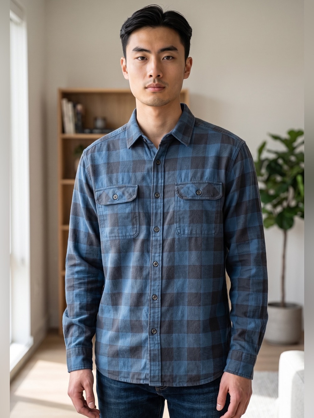 H&M L.O.G.G. Men's Blue and Black Plaid Flannel Button Down Shirt